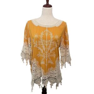 Est. 1946 Women Rayon 3/4 Sleeves Crochet Embroidered Blouse Top Yellow Medium